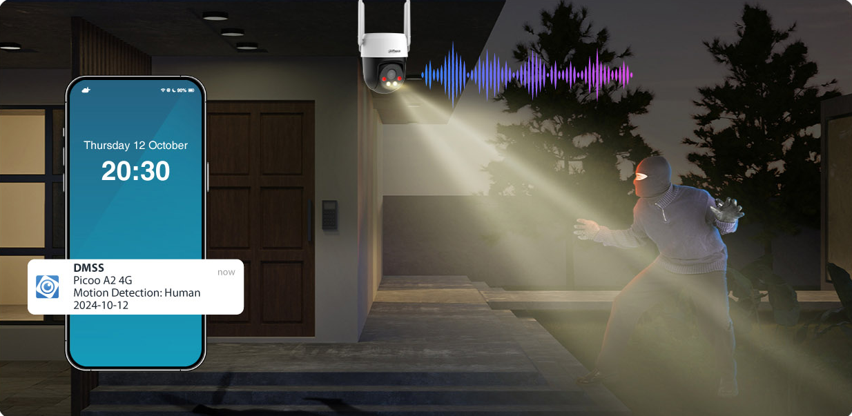 Security camera alerting intruder